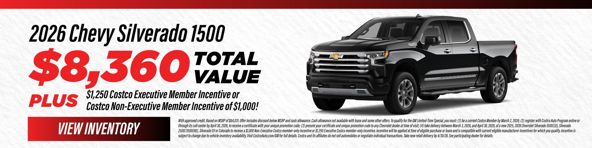 2026 Chevy Silverado 1500 $8,360 Total Value Plus $1,250 Cos