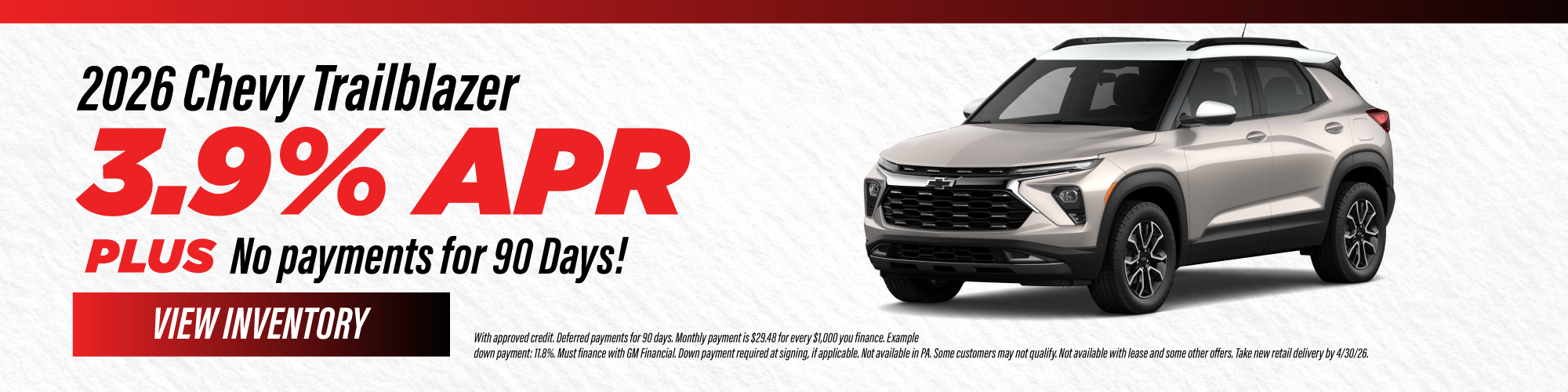 2026 Chevy Trailblazer 3.9% APR + No payments for 90 Days!