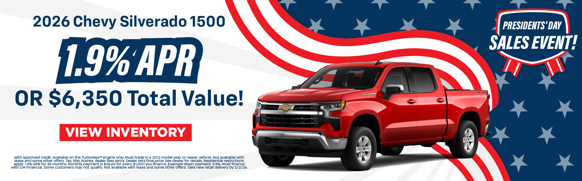 2026 Silverado 1500 1.9% APR OR $6,350 Total Value!