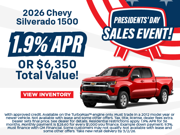 2026 Silverado 1500 1.9% APR OR $6,350 Total Value!