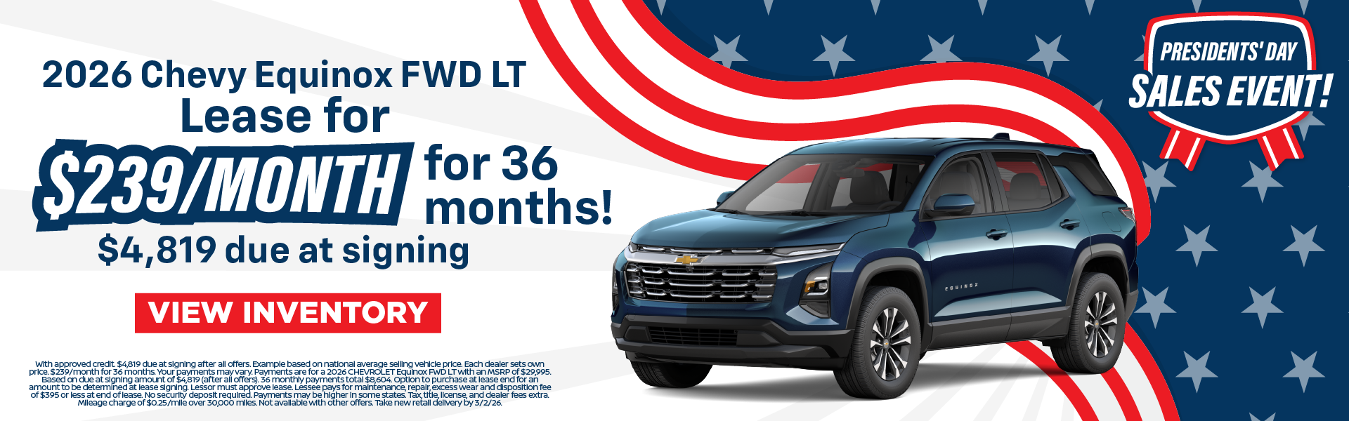 2026 Chevy Equinox FWD LT Lease for $239 per month for 36 mo