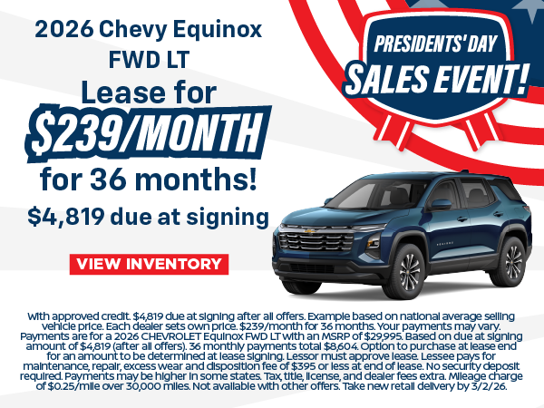 2026 Chevy Equinox FWD LT Lease for $239 per month for 36