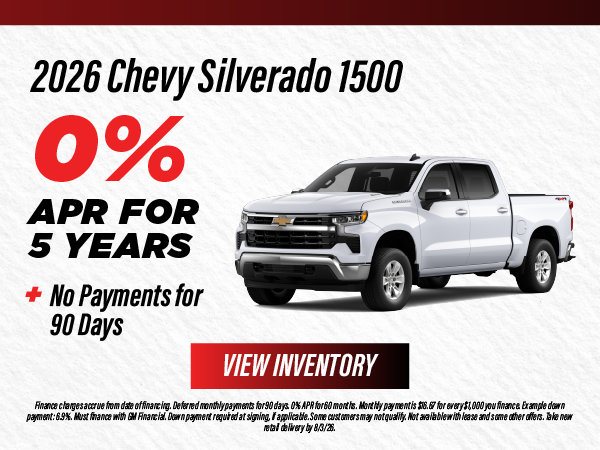 2026 Chevy SILVERADO 1500 0% APR for 5 Years PLUS no monthly