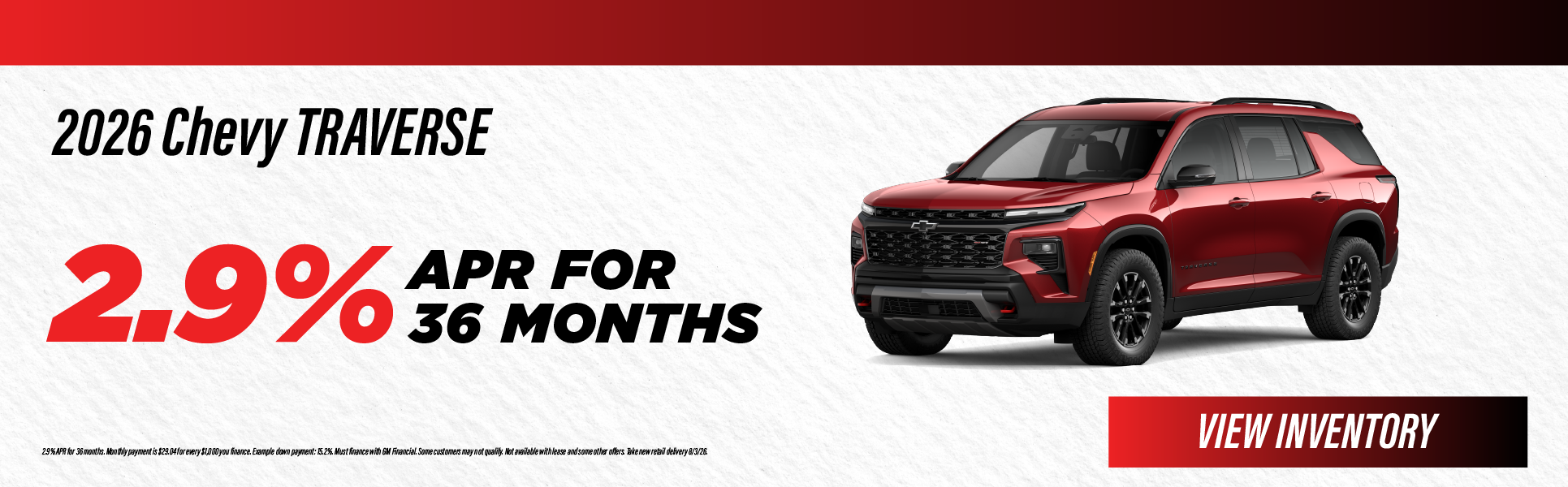 2026 Chevy TRAVERSE 2.9% APR for 36 months