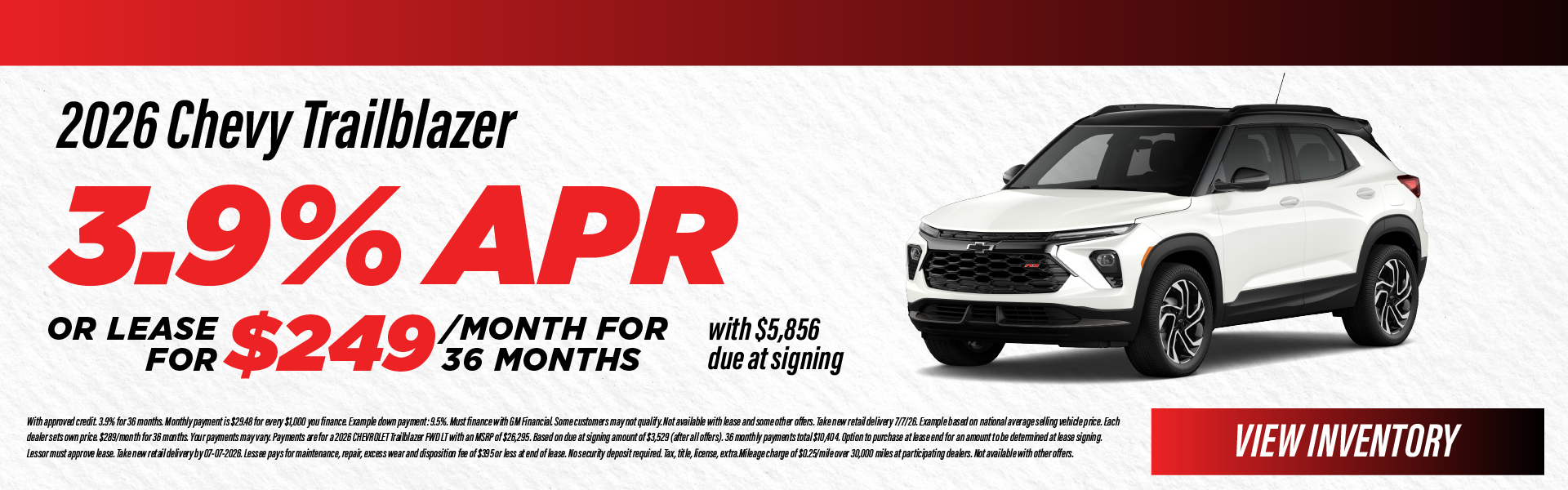 2026 Chevy Trailblazer 3.9% APR or Lease for $249/month for 