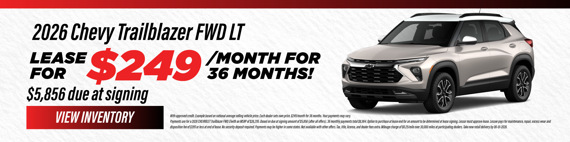 2026 Chevy Trailblazer FWD LT Lease for $249/month for 36 mo