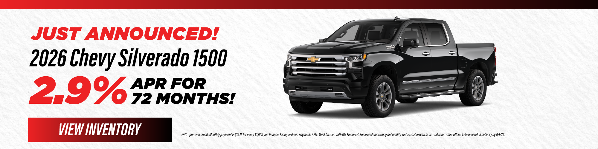 2026 Chevy Silverado 1500 2.9% APR for 72 months